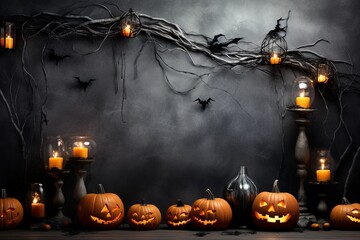 Spooky Halloween Decorations, Eerie Background for a Haunted Mysterious Holiday Celebration, Scary Pumpkins and Ghostly Lanterns in the Dark Night