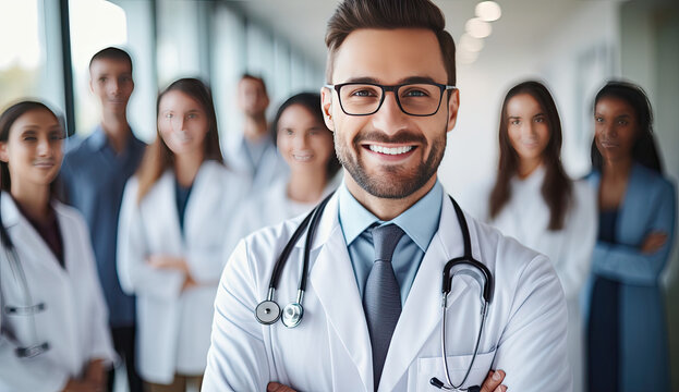 Arzt steht vor einer Gruppe anderer Ärzte und lächelt