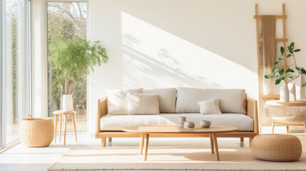 Japandi Design: Living room space, Scandinavian wooden furniture with the Zen minimalism of Japanese design. Tall bamboo plants by the window, handmade ceramic vases, low wooden coffee table