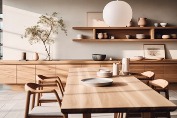 Japandi Design: open-concept dining area, featuring a long wooden table set with Japanese ceramic bowls, flanked by Scandinavian style chairs. Traditional Japanese ink painting on the wall.