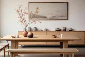 Japandi Design: open-concept dining area, featuring a long wooden table set with Japanese ceramic bowls, flanked by Scandinavian style chairs. Traditional Japanese ink painting on the wall.