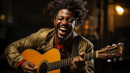 Exuberant African musician bursts with joy, clapping hands and playing guitar. His euphoria evokes...