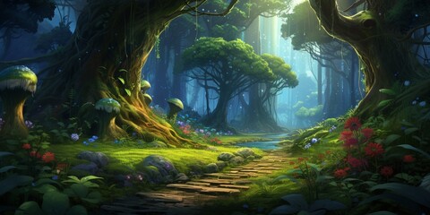 Fototapeta na wymiar A beautiful fairytale enchanted forest with big trees and great vegetation. Digital painting background