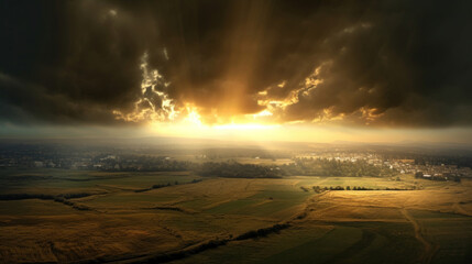 The dramatic sky over the field, the rays of the sun through the clouds.