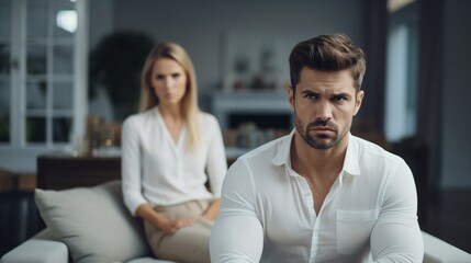 Young couple ignoring each other in living room, Upset couple ignoring each other. Worried man in tension at bed. Young couple angry with each other after a fight. - obrazy, fototapety, plakaty