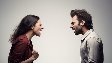 Mid aged couple yelling at each other isolated on white,  studio shot, concept for marriage problem, temper control and human relationships.