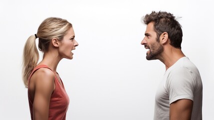 Mid aged couple yelling at each other isolated on white,  studio shot, concept for marriage problem, temper control and human relationships.