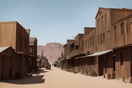 Wild West town street with wooden buildings and saloons in period attire