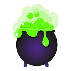 Bubbling and boiling green potion in a magical witch's cauldron
