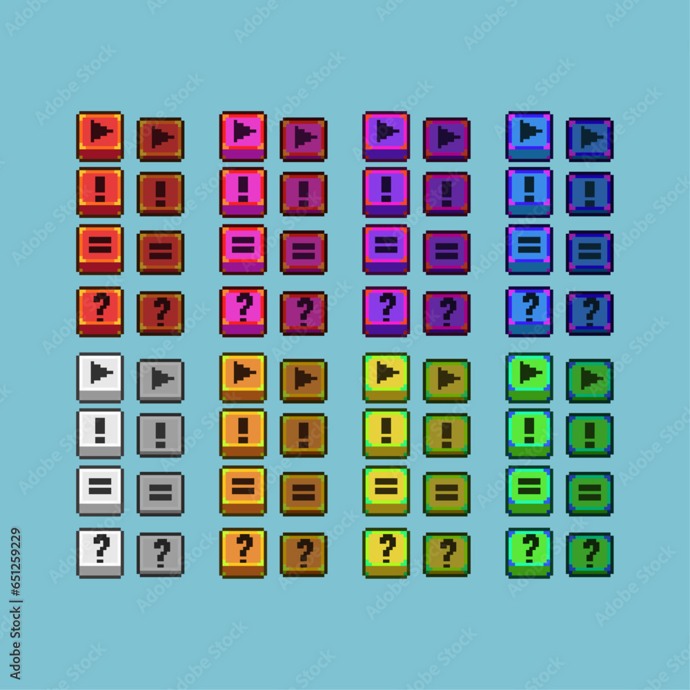 Poster pixel art sets of icon button items loot with variation color item asset simple bits of button press