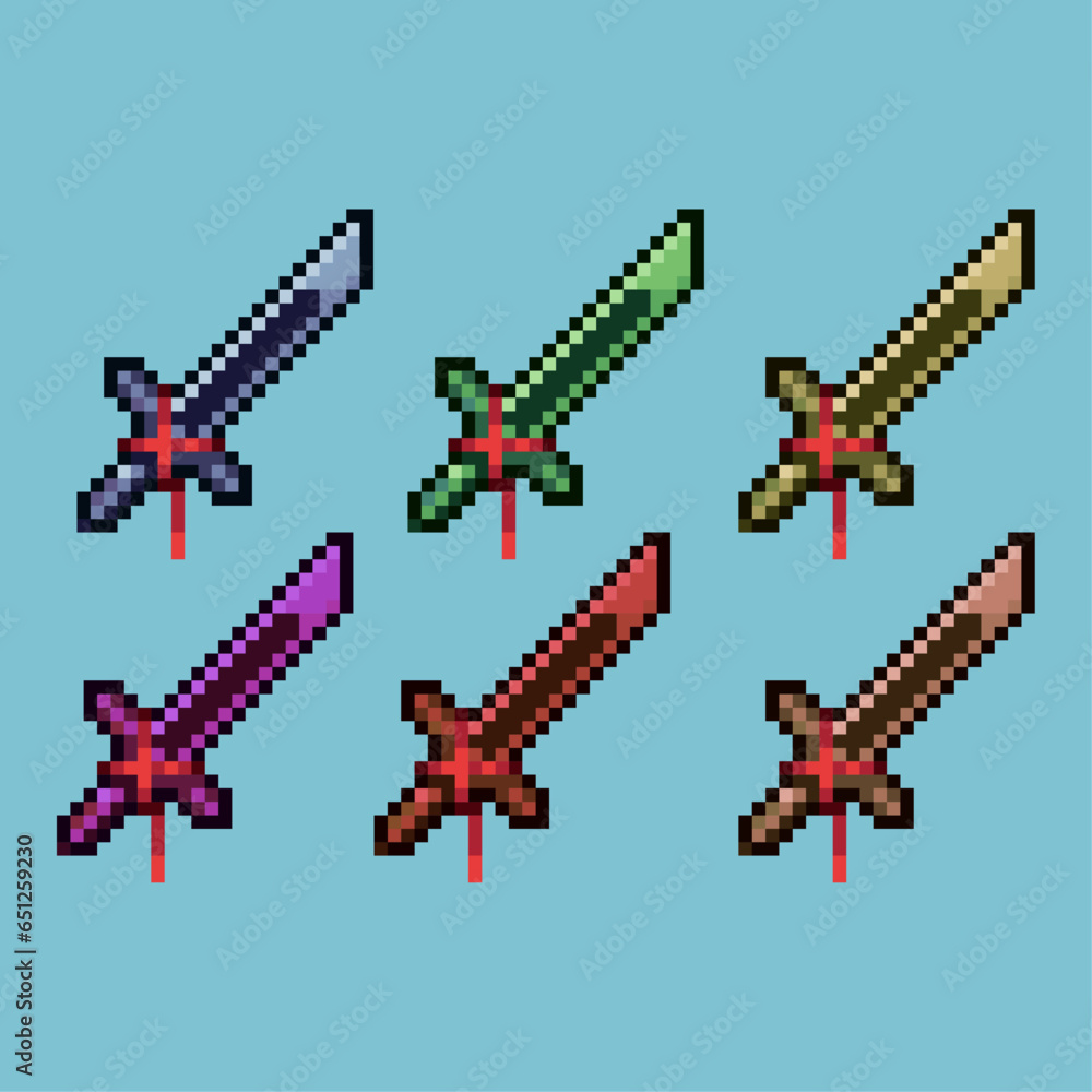 Poster pixel art sets of sword attack icon items loot with variation color item asset simple bits of sword 
