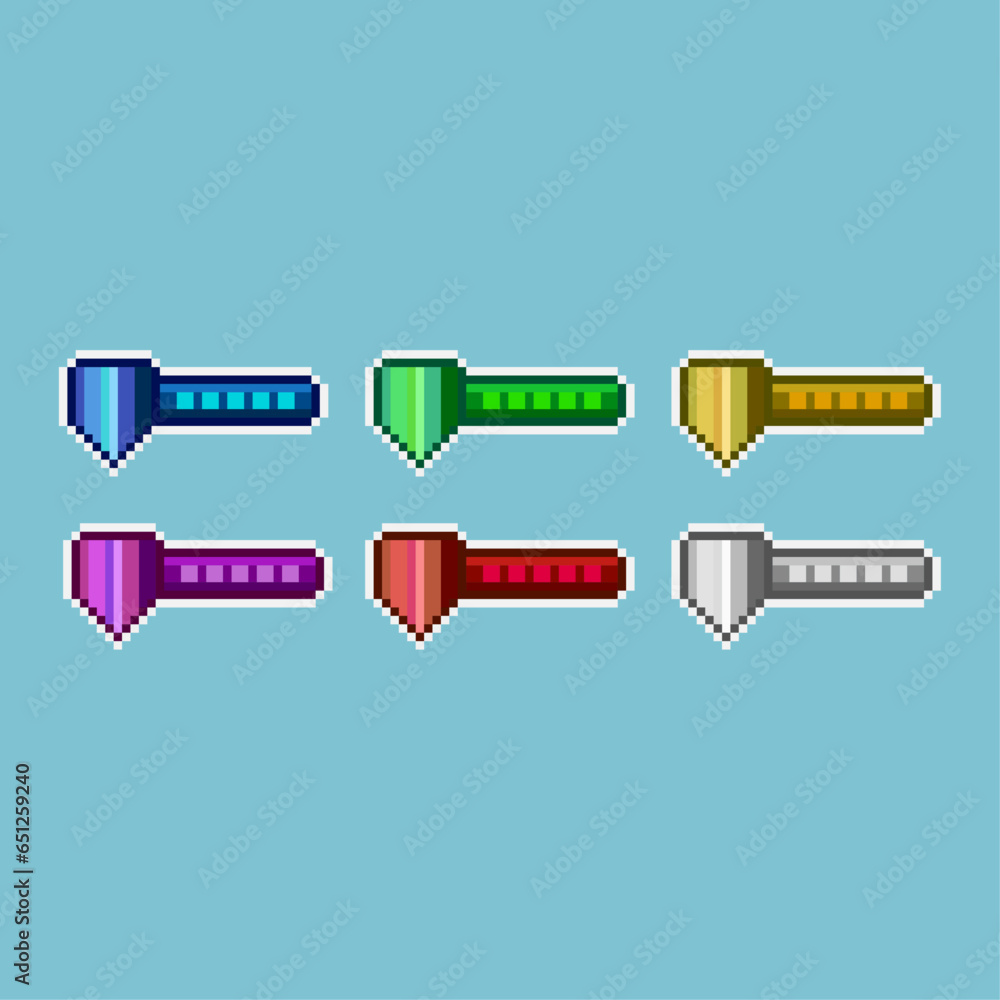 Poster pixel art sets of shield bar health with variation color item asset simple bits of shield bar on pix