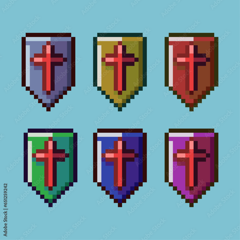 Fototapete pixel art sets of shield defense rpg with variation color item asset simple bits of shield on pixela