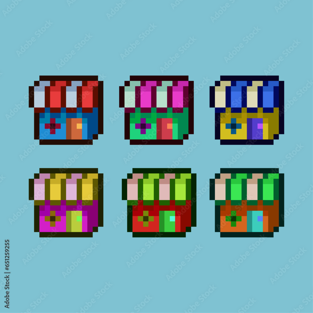 Poster pixel art sets of shop icon with variation color item asset simple bits of shop icon on pixelated st