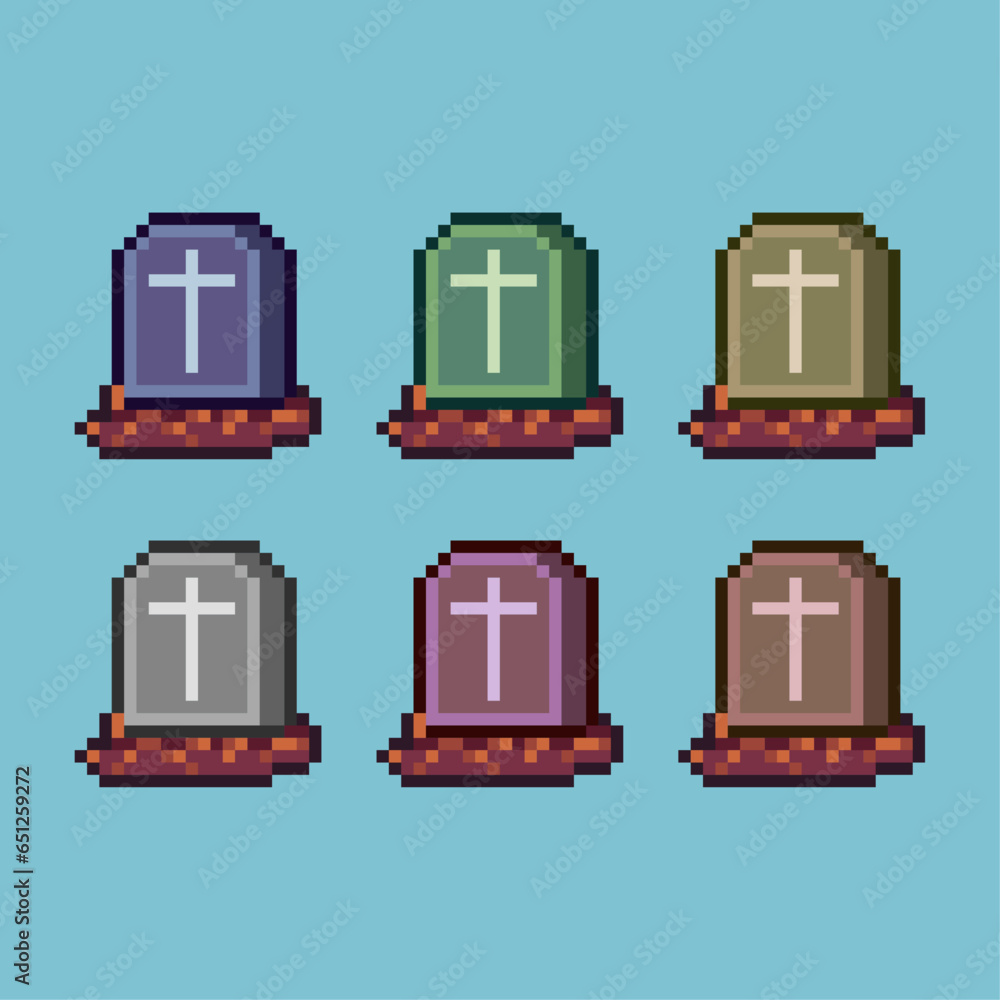 Poster pixel art sets of halloween grave items loot with variation color item asset simple bits of grave on
