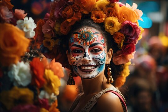 Day of The Dead. Woman with sugar skull makeup on a floral background in the street. AI Generated