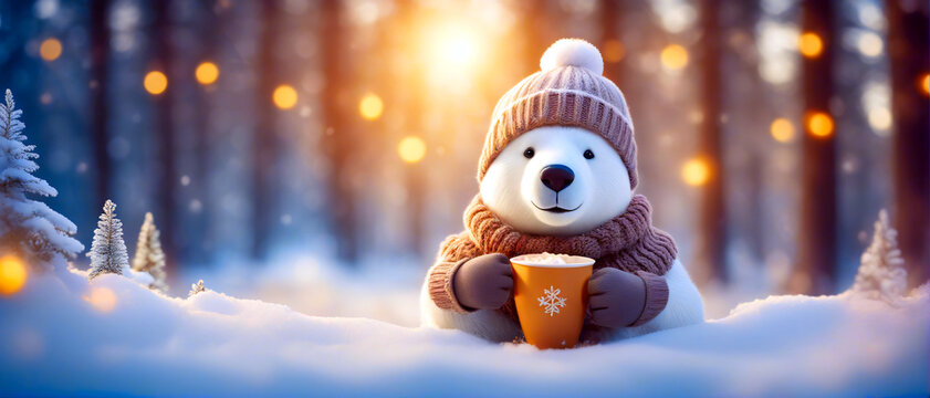 Ein warm angezogener Eisbär mit einer Tasse Kakao im Schnee.