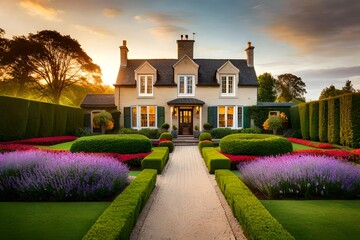 Manicured House and Garden displaying annual and perennial gardens in full bloom