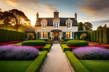Washable wall murals Garden Manicured House and Garden displaying annual and perennial gardens in full bloom