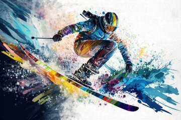 Flying skier on colorful paint splash background. Extreme winter sport