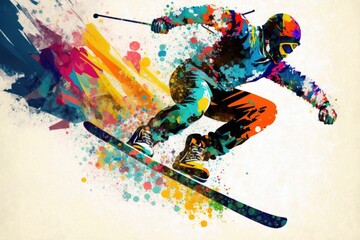 Snowboarder jumping in front of watercolor background