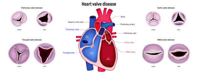 Human heart valve disease. Cross section of human heart. Pulmonary stenosis, Tricuspid stenosis, Aortic stenosis and Mitral stenosis.