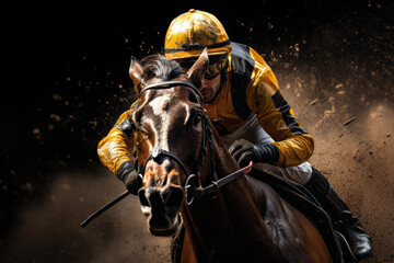 A jockey riding a horse in a horse racing - obrazy, fototapety, plakaty