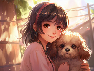 Young pretty girl with cute dog illustration in style of anime
