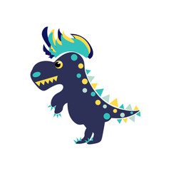 Cute multicolored smiling dinosaur with colorful mohawk. One from the collection for kids. Vector illustration