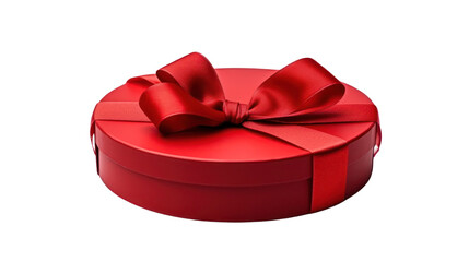 Red round gift box with ribbon, isolated on transparent background, generative ai