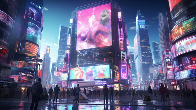 Fototapeta Cyberpunk Street: Holographic Billboards and Futuristic Fashion