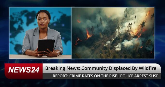 Breaking news, woman and fire in tv studio for global warming, trees and smoke on screen. Television show, African presenter face and tablet for broadcast, flames and climate change crisis in Hawaii