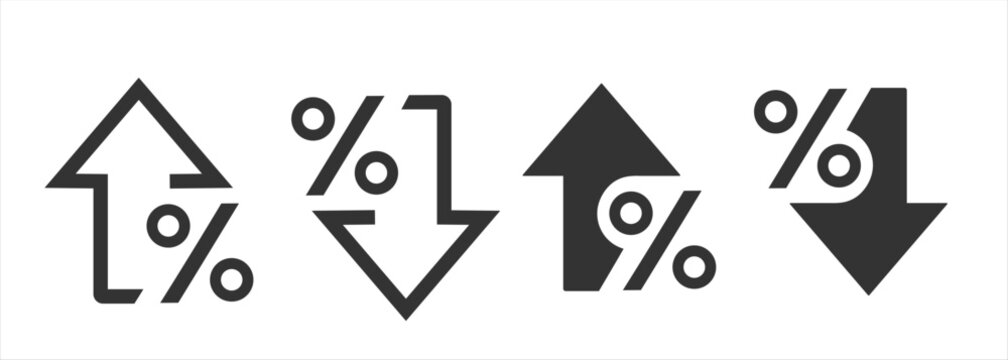 Percentage growth. Percent arrow up and down flat style symbol. Decline icons