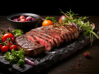 Grilled beef steak on a wooden board with rosemary and garlic