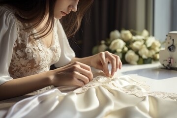 A woman in a wedding dress diligently sewing her own dress. This image can be used to showcase the...