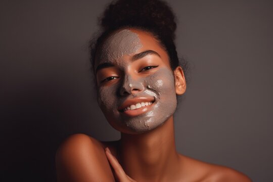 A woman is pictured with a mud mask covering her face. This image can be used to promote skincare products or illustrate a spa treatment.