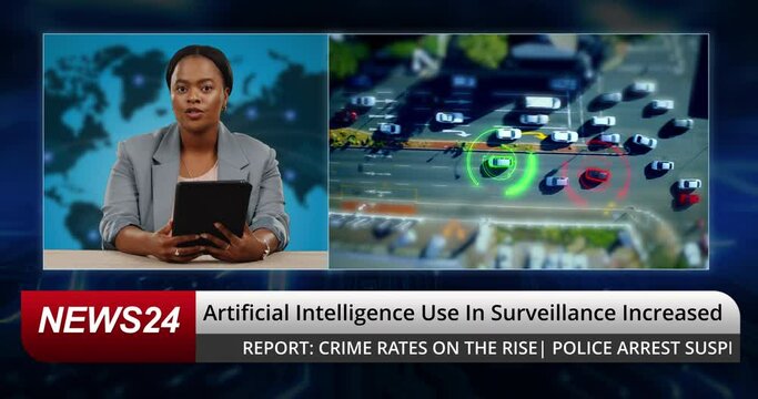 Breaking news, reporter woman and artificial intelligence in tv studio for broadcast, surveillance or monitor. Television, African presenter face and tablet for ai info, danger and traffic on screen