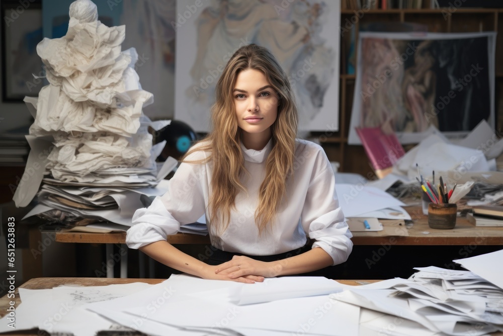 Poster a woman is sitting at a desk surrounded by a pile of papers. this image can be used to represent off