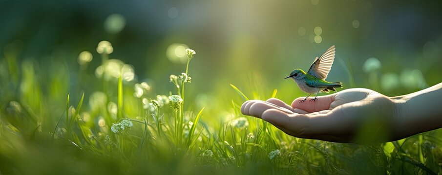 the hands of a child are on a green grass holding a bird Generative AI