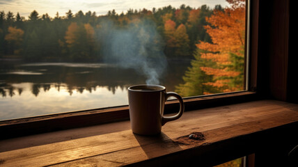 Steaming hot cup of coffee on the window of a house. Autumn vibes and tranquility at home
