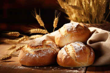 Homemade baked bread on the wooden rustic table