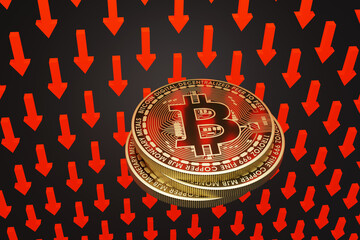 Stack of golden bitcoins on a background of red down arrows. Illustration of the concept of falling prices of cryptocurrencies