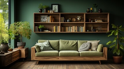 A rustic cozy sofa and a wooden cabinet are arranged against a window near a green wall with bookshelves, adding warmth to the Scandinavian home interior design of the modern living room