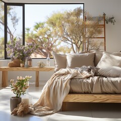 cosy and relax contemporary interior design bedroom nature light white and beige color scheme material element design beautiful house design concept