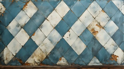 Old blue white rusty vintage worn shabby patchwork checkered chess chessboard lozenge diamond rue motif tiles stone concrete cement wall texture background banner
