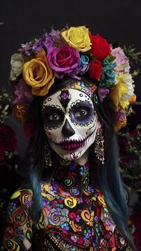 an elegant Catrina comes to life in a unique animation during the Day of the Dead. Her adorned skull, surrounded by marigold flowers, undergoes a mesmerizing transformation