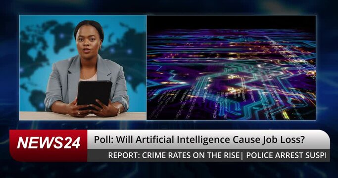 Breaking news, reporter woman and artificial intelligence on television, studio or broadcast for fear of job loss. TV journalist, African presenter face and tablet for ai info, danger or unemployment