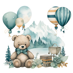 Watercolor illustrations Adventure Begin Mountain Boy Baby