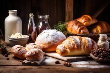 Freshly baked bread and pastry on a rustic wooden table	