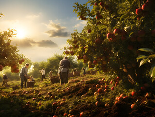 people picking apples in an orchard against the sun - obrazy, fototapety, plakaty